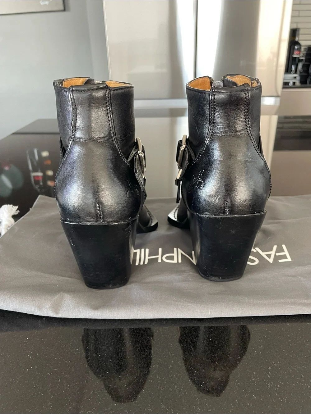 John Fluevog, black swordfish buckle/zip boot. Size 7.
